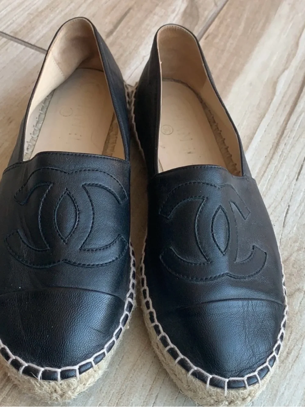 CHANEL Black Leather Espadrille Slip-On Flats